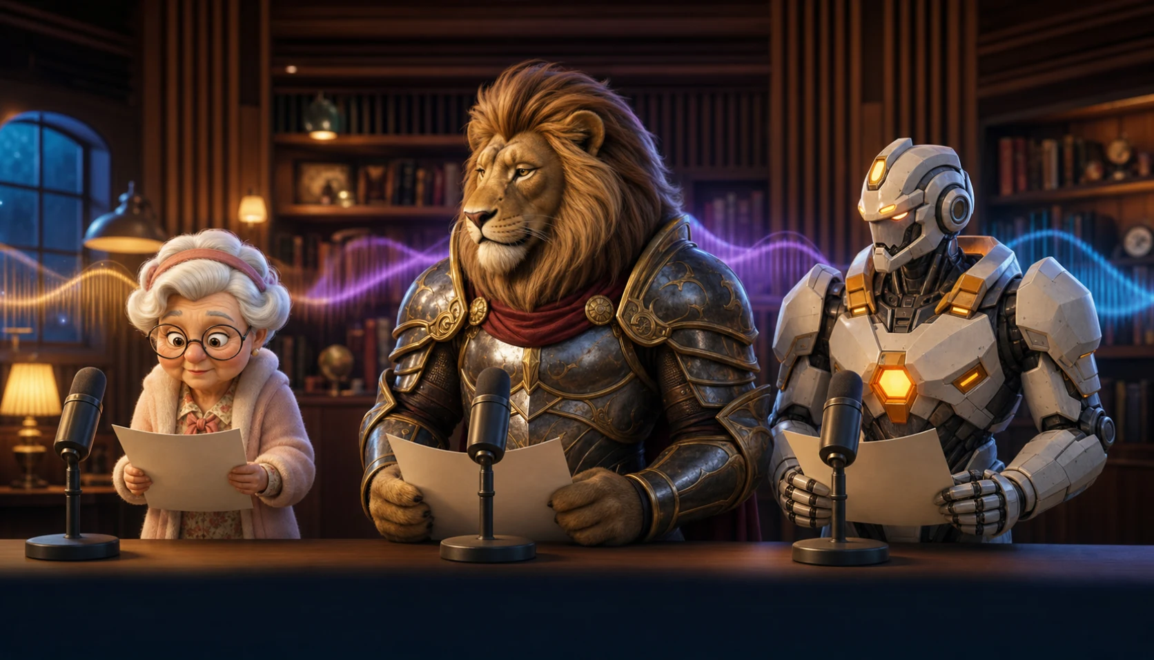Aunt Beth narrating from a script while Atlas and Optimus listen in a professional storytelling studio